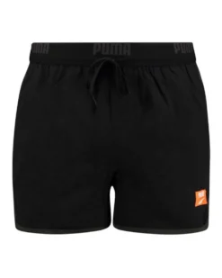 PUMA - Costume da bagno pantaloncino corto nero con elastico in vita e logo arancione