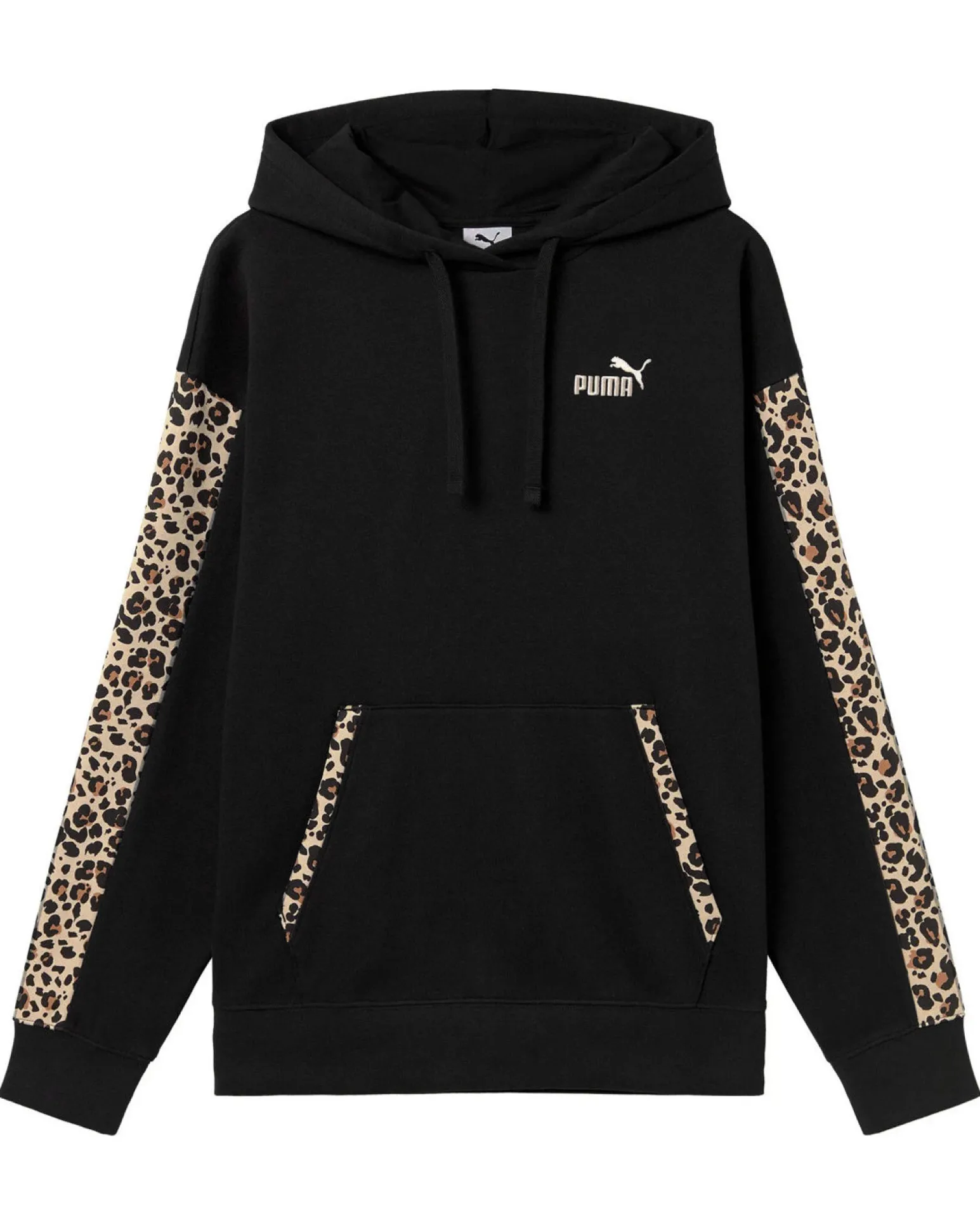 PUMA - FELPA CON CAPPUCCIO NERA LEOPARDATA ESSENTIAL GRAPHIC ANIMAL COMFORT DA DONNA , 688084-51