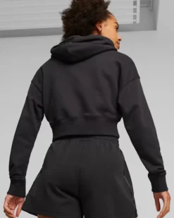 PUMA - Felpa crop relaxed fit da donna nera con cappuccio