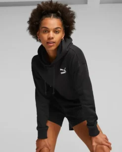 PUMA - Felpa crop relaxed fit da donna nera con cappuccio