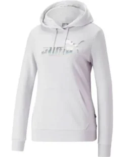 PUMA - Felpa da donna bianca con cappuccio e logo metallizzato