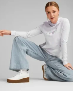 PUMA - Felpa da donna bianca con cappuccio e logo metallizzato