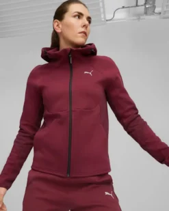 PUMA - Felpa da donna bordeaux in tessuto traspirante con cappuccio e zip frontale