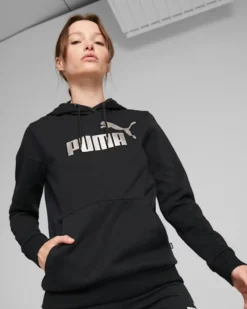 PUMA - Felpa da donna nera con cappuccio e logo color bronzo