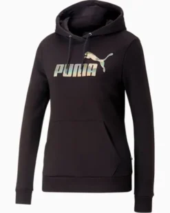 PUMA - Felpa da donna nera con cappuccio e logo metallizzato
