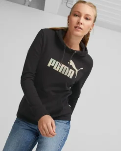 PUMA - Felpa da donna nera con cappuccio e logo metallizzato