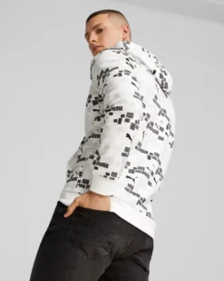 PUMA - Felpa da uomo bianca con stampa logo nera e cappuccio