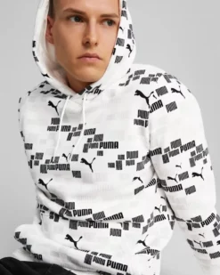PUMA - Felpa da uomo bianca con stampa logo nera e cappuccio