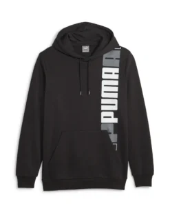 PUMA - Felpa da uomo nera con cappuccio e stampa logo verticale