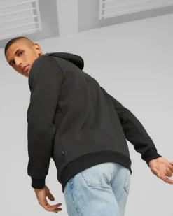 PUMA - Felpa da uomo nera con cappuccio e logo bianco