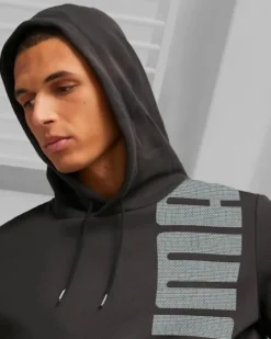 PUMA - Felpa da uomo nera con cappuccio e logo bianco