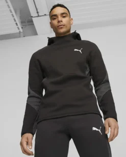 PUMA - Felpa da uomo nera in tessuto traspirante con cappuccio e coulisse in vita
