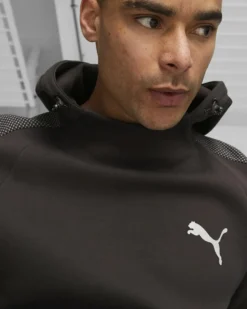 PUMA - Felpa da uomo nera in tessuto traspirante con cappuccio e coulisse in vita