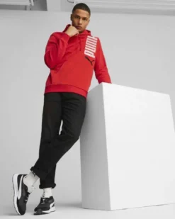 PUMA - Felpa da uomo rossa con cappuccio e logo bianco e nero