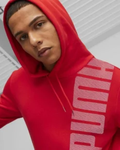 PUMA - Felpa da uomo rossa con cappuccio e logo bianco e nero