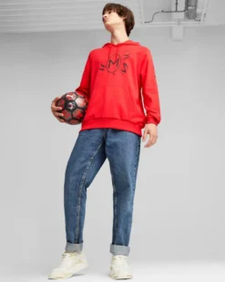PUMA - Felpa da uomo rossa e nera con cappuccio Milan
