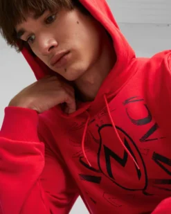 PUMA - Felpa da uomo rossa e nera con cappuccio Milan