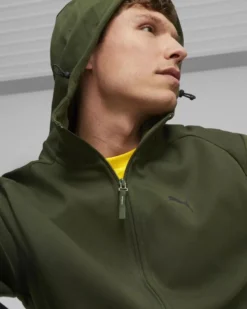 PUMA - Felpa da uomo verde scuro con zip frontale e cappuccio