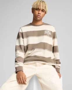 PUMA - FELPA GIROCOLLO A RIGHE BEIGE E MARRONE CLASS STRIPED AOP - DA UOMO, 684647-93