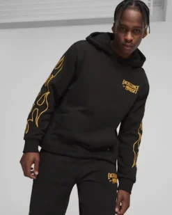 PUMA - Felpa nera da uomo con cappuccio e stampa gialla