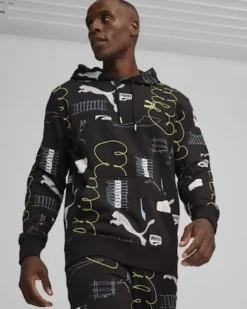PUMA - Felpa nera da uomo con cappuccio e stampa logo