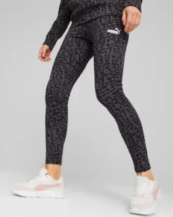 PUMA - Leggins leopardati neri e grigio scuro con logo bianco