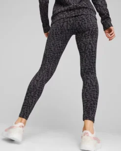 PUMA - Leggins leopardati neri e grigio scuro con logo bianco