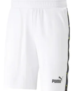 PUMA - Pantaloni corti da uomo bianchi con logo nero e stampa logo arcobaleno sui lati