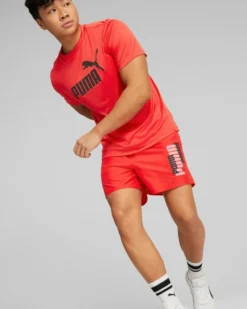 PUMA - Pantaloni corti da uomo rossi con logo bianco e nero