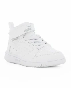 PUMA - Sneaker alta da bambino bianca con dettagli grigi e strappo, numerata 28/35 - REBOUND V6 MID AC PS