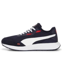 PUMA - Sneaker da uomo blu e bianca in mesh traspirante con dettagli rossi e soletta in memory foam - RUNTAMED