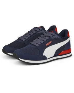PUMA - Sneakers blu e bianca in mesh traspirante con dettagli rossi e soletta in memory foam, numerata 36/39 - S RUNNER V3 MESH JR