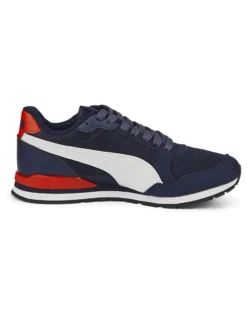 PUMA - Sneakers blu e bianca in mesh traspirante con dettagli rossi e soletta in memory foam, numerata 36/39 - S RUNNER V3 MESH JR