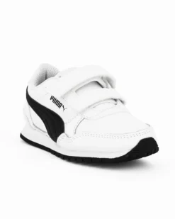 PUMA - Sneakers da bambino bianca e nera in VERA PELLE con doppio strappo e soletta in memory foam, numerata 28/35 - ST RUNNER V3 L V PS