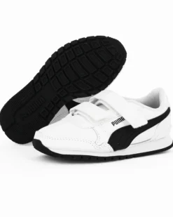 PUMA - Sneakers da bambino bianca e nera in VERA PELLE con doppio strappo e soletta in memory foam, numerata 28/35 - ST RUNNER V3 L V PS