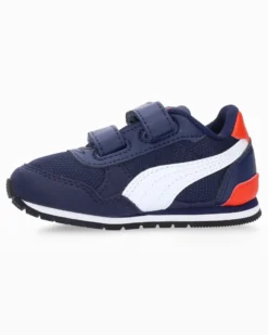 PUMA - Sneakers da bambino blu  e bianca con dettagli rossi e soletta in memory foam, numerata 28/35 - ST RUNNER V3 MESH V PS