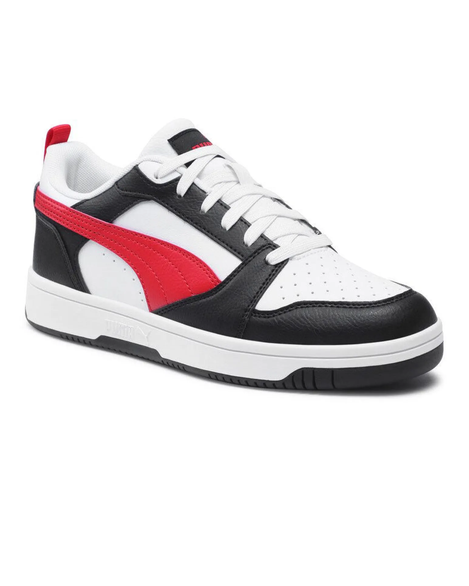 PUMA - SNEAKERS JUNIOR REBOUND V6 LO GS BIANCHE CON DETTAGLI NERI E ROSSI DAL 36 AL 39, 393833-04