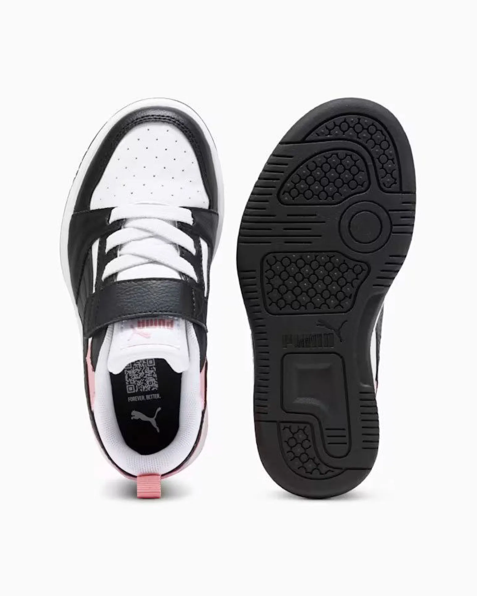 PUMA - SNEAKERS KIDS REBOUND V6 LO BIANCA CON DETTAGLI NERI E ROSA PESCA DAL 28 AL 35, 397419-24