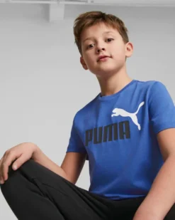 PUMA - T shirt da bambino blu in cotone con logo bianco e nero