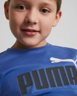 PUMA - T shirt da bambino blu in cotone con logo bianco e nero