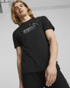PUMA - T shirt da uomo nera con logo camouflage