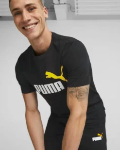 PUMA - T shirt da uomo nera con logo bianco e giallo