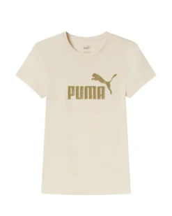 PUMA - T-SHIRT ESS+ GLITTER BIG LOGO BEIGE CON LOGO ORO DA DONNA- 682100-87