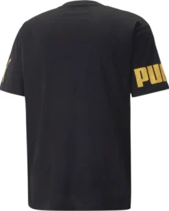 PUMA - T shirt girocollo da uomo nera con logo oro relaxed fit