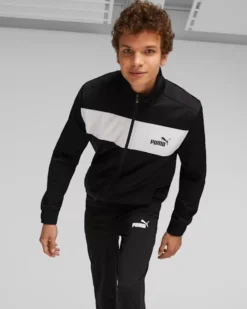 PUMA - Tuta acetata completa da uomo nera e bianca con zip frontale