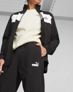 PUMA - Tuta acetata completa da uomo nera e bianca con zip frontale