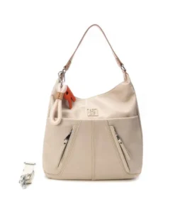REFRESH - Borsa a spalla beige con tasche frontali e moschettone con ciondoli, tracolla removibile