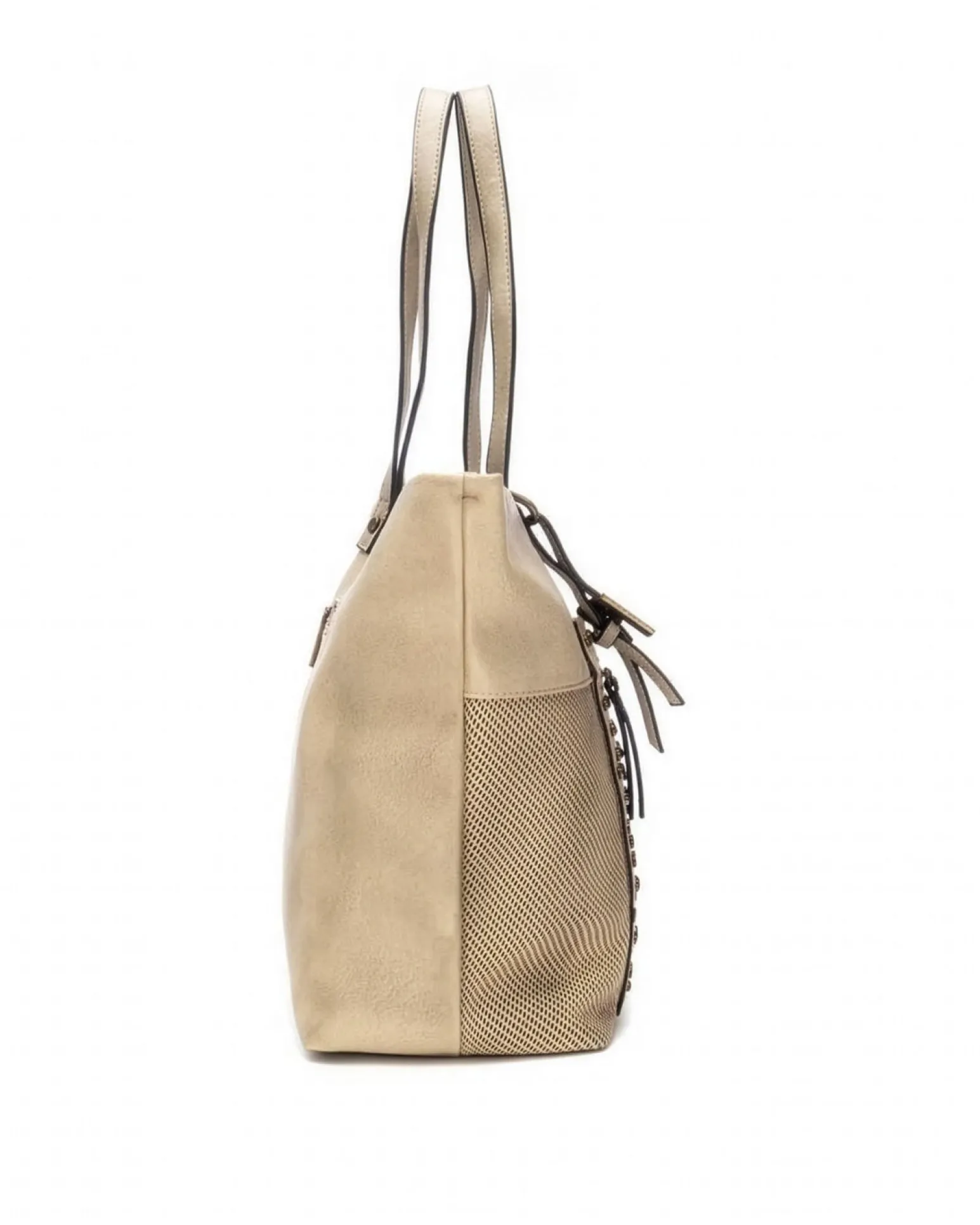 REFRESH - Borsa shopping beige con borchie, tracolla removibile