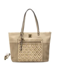 REFRESH - Borsa shopping beige con borchie, tracolla removibile