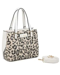 RIFLE - Borsa a due manici beige con tre  scomparti interni e trama frontale maculata a intreccio, tracolla removibile